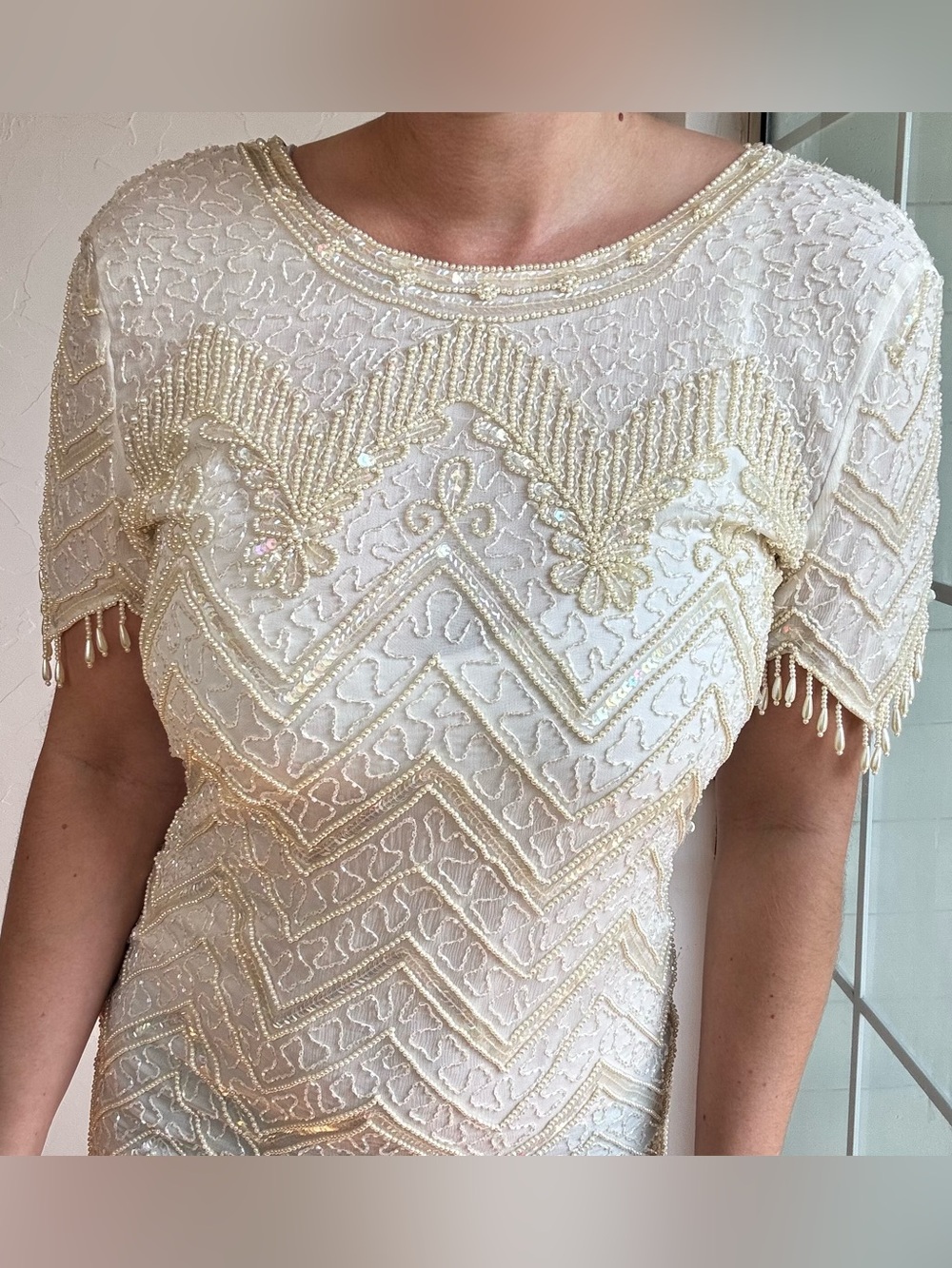 Vintage Ivory Beaded Silk Cocktail Dress | Pearl Fringe 90s Party Dress
